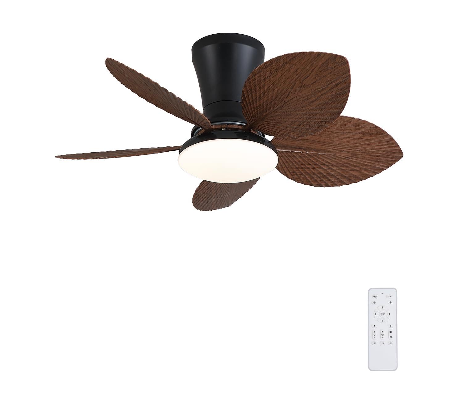 HXYSXHJUO 76CM Small Kids Ceiling Fans with Lights and Remote Reversible DC Motor 6 Speeds Dimmable Quiet Fan Light Smart Modern LED Chandelier A for Bedroom-Black Wood Grain