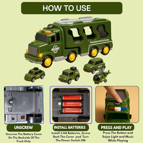 Image of GRAPHENE 5 in 1 Friction Military Army Truck Car Set for Boys 3-10 Years Old Montessori Carrier Educational Toy Light Music Unbreakable Pullback Action Helicopter Taxi Playset Best Gift Boy Girl