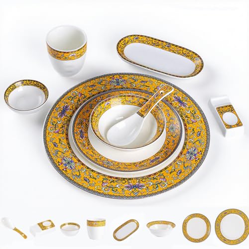 Recopilación de Vajilla crisa los más solicitados. 48 Guibell Juego de Vajilla de Cerámica de Pintura de Emaille,16 piezas, Diseño de Borde Dorado, para Hotel, Restaurante y Mesa de Cena, Estilo Elegante y Artístico(16 Service for...