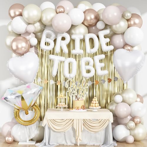 White Gold Bachelorette Party Decorations Bride To Be Mylar Foil Letter Balloons with White Champagne Balloons and Light Gold Fringe Curtains for Bridal Shower Decoration Engagement Hen Party Decor