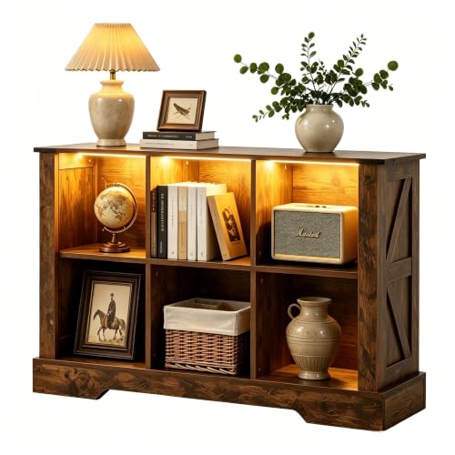 6 Cube Storage Organizer, 2 Tier Book Shelf with Led Lights, Farmhouse Book Shelves for Living Room, Horizontal Toy Storage Bookshelf, Wood Display Bookcase Cabinet for Bedroom, Office, Brown