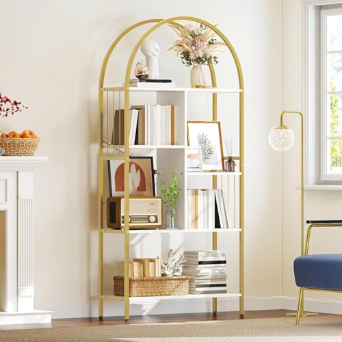 YITAHOME Gold Arched Bookshelf and Bookcase, 5 Tier Standing Book Shelf, Storage Display Rack Shelves for Bedroom Living Room Office,White&Gold 31.5"W x 67.7"H
