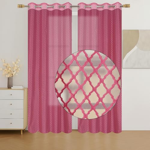 Image of IVAZA Heavy Premium Polyester Beautiful Moroccan Trellis Design Transparent Net Curtains | Modern Parde for Living Room Bedroom | Home Office Screens Window- 5 Feet (Pack of 2) Pink