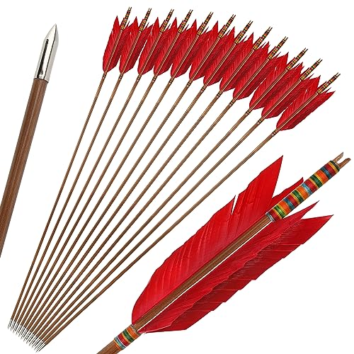 limaity 33.4 Inch Flechas de bambú Tradicionales Hechas a Mano Flechas de Caza Flechas de Tiro con Arco Flechas de bambú con Pluma de Pavo de 4" para Arco recurvo Arco Largo Tradicional (Rojo, 6)