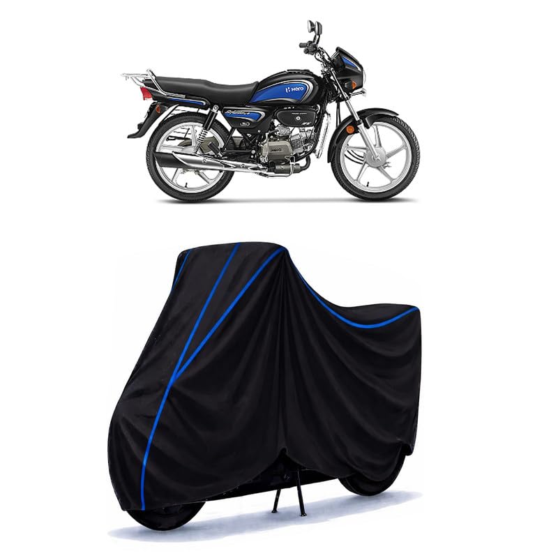 Image of Hero Splendor Pro BS6 Bike Cover Water Resistant Universal Motorcycle Rain | Heavy Duty UV Protection, Dust, Scratch Indoor Outdoor All Weather with Black Blue Piping Elastic