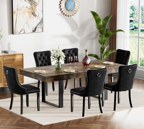 Image of Rustic Brown Dining Room Table Set for 6, 7-Piece 63 inch-78.74 inch Extendable Dining Table Set with 6 Upholstered Chairs, Rectangle Wooden Expanding Kitchen Table and Black Chairs Set