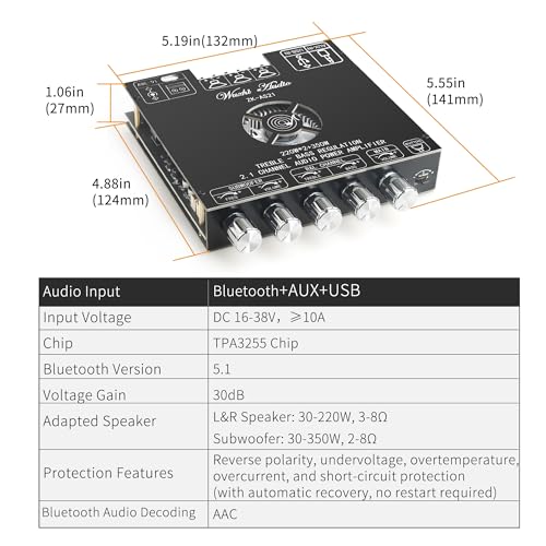 Image of ZK-AS21 2nd Gen 2.1 Channel Bluetooth Power Amplifier Board with TWS, 220Wx2 + 350W, TPA3255 Chip, Vehicle Amp with Bluetooth /AUX /USB Inputs