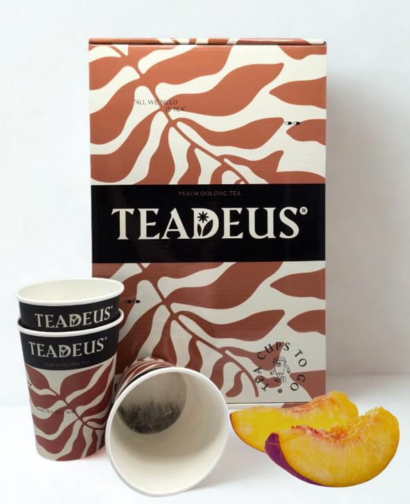 TeaDeus Peach Oolong Instant Brew Tea in a Cup, Set of 16 Eco-Friendly Tea Cups for Home, Travel & Office, Hot or Iced