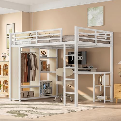 Image of Bellemave Queen Size Loft Bed with Desk, Wardrobe, Metal Queen Loft Bed Frame for Adults, Kids, Teens, White Wood-Grain