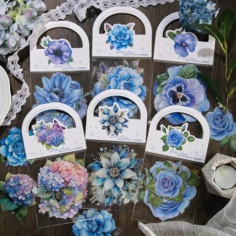60 Pieces Blue Flower Stickers - Large Size Floral Stickers with Gold Outlines,Glitter Shiny Waterproof Decorative Decals for Junk Journal Planners Bullet Journals Scrapbooking Supplies Cover