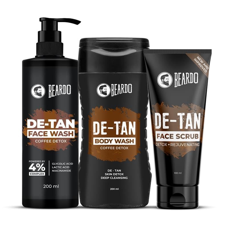 Image of Beardo De-tan Har Roz Kit For Men (Set of 3) | Detan Face Wash & Detan Scrub & Detan Body Wash with Powerful Coffee Extract for Tan Removal | Hydrates & Exfoliates Men's Skin for Oil Control
