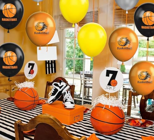 Image of Basketball Balloons, 30 Pcs 12inch Orange Black Metallic Silver and Basketball Printed Latex Balloons for Sport theme Party Boys Birthday Decorations
