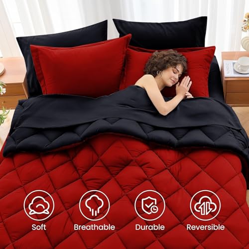 MUXHOMO Twin Comforter Set 5-Piece, Reversible Bed in a Bag, Red/Black - image 6
