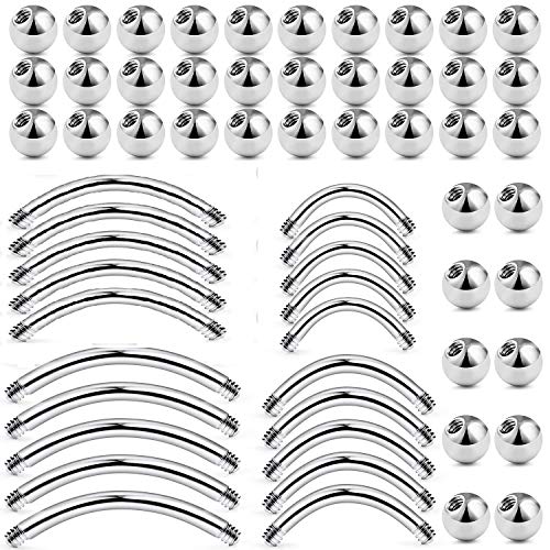 LAURITAMI 60pcs Bolas de Piercing Reemplazo 16G 14G Barbell Curvado Barra Labio Ceja Ombligo 8-12mm Acero Quirúrgico Plata Joyas Piercing del Cuerpo Cover