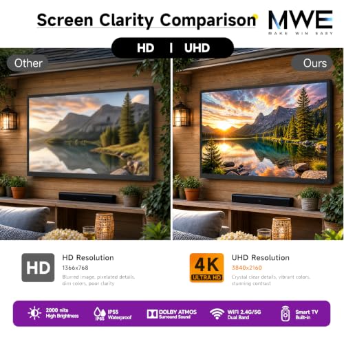 Image of MWE 55 Inch Outdoor TV, 4K UHD, 2000 Nits, IP55, webOS Smart TV | Light-sensing Adjustment, Voice Control, App Control, Screen Mirroring
