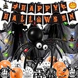 Halloween Deko Set, Gruselig halloween party deko, 5 Meter lange bunte LED-Lichterkette, Schwarze Gaze, Spiralen Deckendeko, Banner, Luftballons, Spinnen, Fledermaus Deko, Gruselig Party
