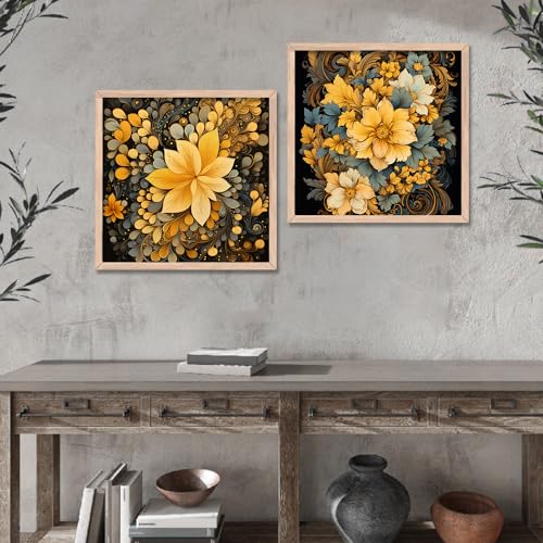 Image of kotart Painting for Wall Decoration - Floral Painting for Living Room Bedroom Office Room Decor - Premium Digital Paintings with Frame for Home Decoration - Set of 2 Multicolor paintings (13x13 inch, E)