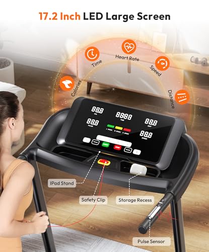 Image of THERUN Home Treadmill with Incline 15% Auto Adjust, 3.0 HP Treadmill with LED Strip, Heart Rate Monitoring Incline,16.5 inch Wider Running Belt