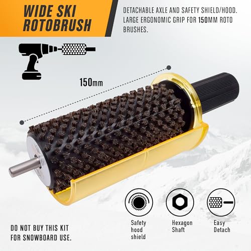 RaceWax Kit de rotobrush de esqui largo Snapout, eixo de troca rápida + 3 escovas