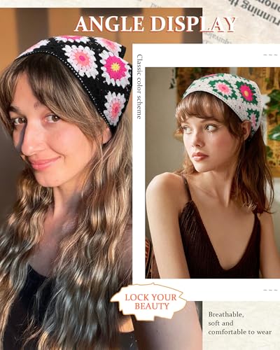 2 PCS Crochet Bandanas Floral Bandana Headband Tie Knitted Headscarf Hair Bandanas for Women Girls Head Kerchief4