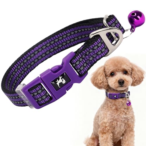 ONEFOJOJO Small Dog Collar with Bell - Cute Reflective Puppy Collar Gift for Girl, Adjustable Nylon Collar for Chihuahua Pomeranian Nighttime Safety (Purple S) Z S