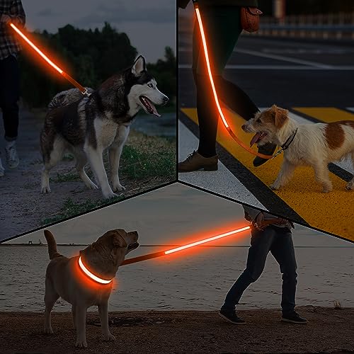 LED Hundeleine, Leuchtend Hundeleine für Kleine, Mittel Große Hunde, Wiederaufladbar & Wasserdicht, 3 Beleuchtungsmodi 5 Farben Erhältlich, Glühen im Dunkeln für Sicherheit Nachtwandern (Orange)