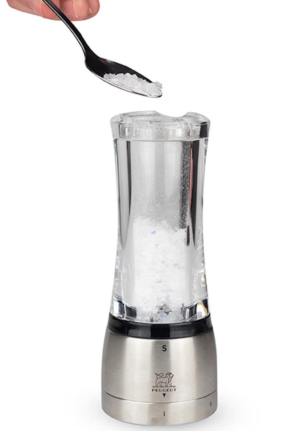 PEUGEOT - Moulin à Sel Daman u'Select 21 cm - 6 Réglages de Moutures Prédéfinies - Innovation Sel Glace, Mécanisme Zirlion - En Inox et Acryl - Fabrication Française, Salt Mill