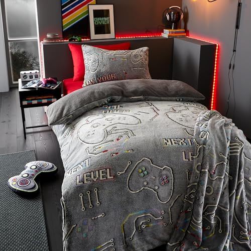 Catherine Lansfield Game Over Glow in The Dark Parure de lit Simple en Polaire avec Housse de Couette et taie d'oreiller Noir