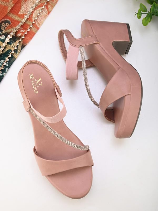 Image of XE Looks Women's Sandals with Stylish Block Heel | Glittery Side Strap & Secure Back Support | Comfort Cushion Sole for Long Wear | Trendy Design Heels For Girls & Women