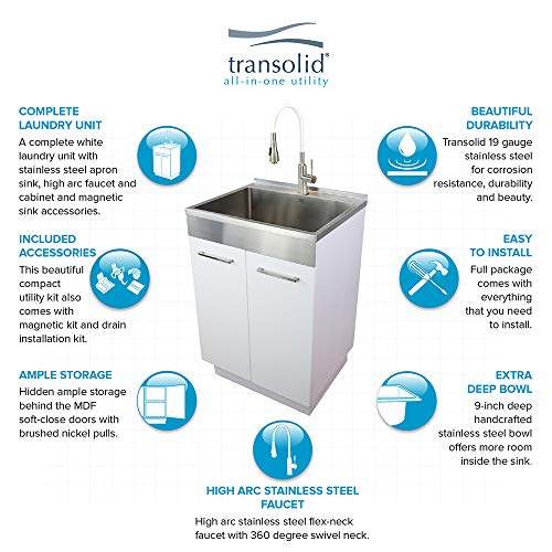 Image of Transolid 18-Gauge Stainless Steel Laundry Sink with Pre-Assembled Shaker Apron-Front Cabinet, High-Arc Faucet, Magnetic Kit, and Drain Kit, 24 x 20 x 34.6 in in White, TCAM-2420-WS