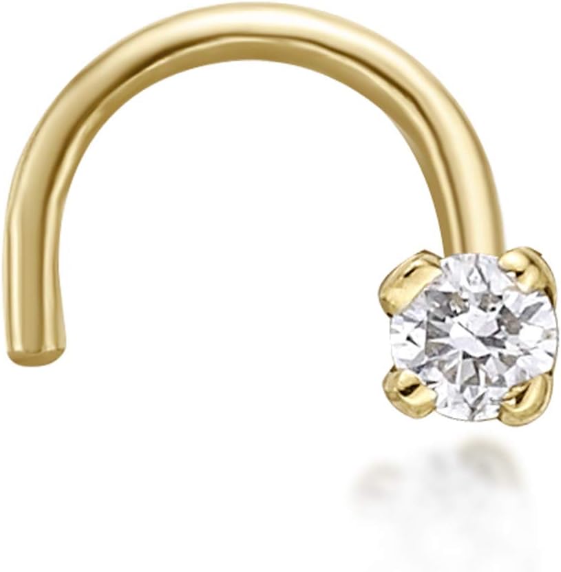 Lavari Jewelers 0.01 to 0.07 Carat Diamond Curved Screw Nose Stud for Women or Men - 14k White or Yellow Gold Nose Ring for Her - 20 Gauge Unisex Hypoallergenic Nostril Jewelry - 20G Body Piercing
