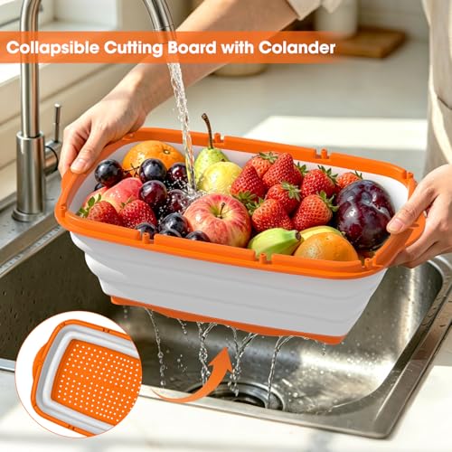 Image of Gintan Camping Cutting Board, 9-in-1 Collapsible Chopping Board with Colander, Kitchen Vegetable Washing Basket for Camping, Camping Gifts Camping Accessories for RV Campers (orange)