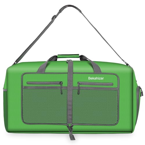 Bekahizar Leichte Faltbare Reisetasche 60L Große Travel Duffle Bag Übernachtung Taschen Verpackbar Reisegepäck Gym Sporttasche Mit Schuhfach für Herren Damen Flugzeug Camping Reisen Urlaub (grün)