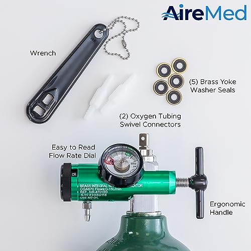 AireMed Oxygen Regulator 0-15LPM, CGA-870 Gauge Flow Rate – Includes Wrench Key, 5 Brass Yoke Washer Seals, and 2 Oxygen Tubing Swivel Connectors - Ergonomic Handle Design – Green - Thumbnail 7