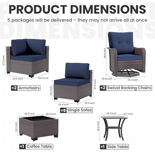 Image of 12 Pieces Outdoor Patio Furniture Set,Outdoor Sectional Furniture All Weather PE Rattan Wicker Patio Conversation Set with Coffee Table,Swivel Rocking Chairs Set,Navy Blue