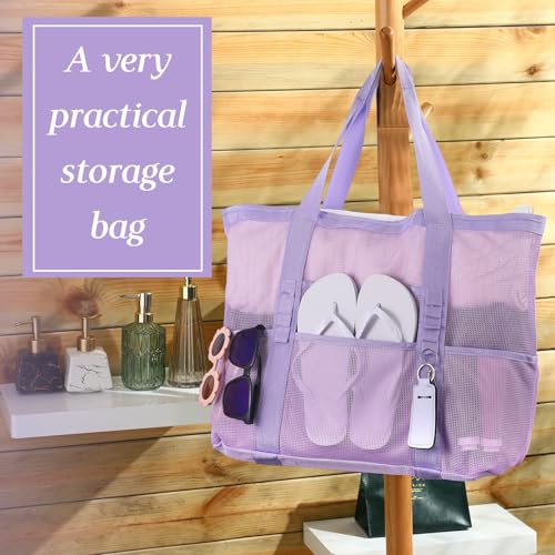Image of Hillban Large Beach Mesh Bags Bulk for Women Beach Tote Bag with 8 Pocket Zipper Waterproof Sandproof for Pool Cruise Ship