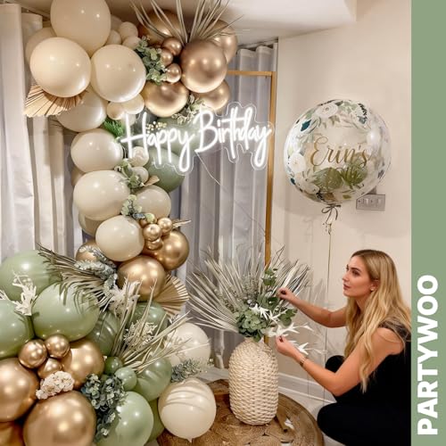 Image of PartyWoo Sage Green Balloons 65pcs 12 Inch Metallic Gold Sand White Light Brown Gold Confetti Balloons for Baby Shower Wedding Engagement Jungle Woodland Forest Birthday Party Decorations