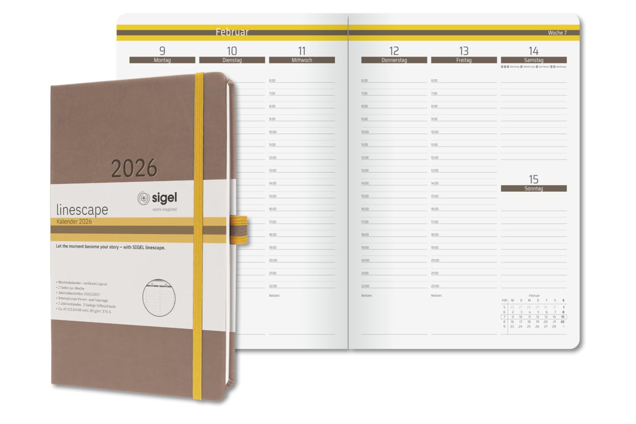 SIGEL L2605 Wochenkalender 2026 A5, vertikale Wochenansicht, Hardcover, braun, gelb, deutsch-sprachiges Kalendarium, 176 Seiten, FSC-zertifiziert, Kalenderbuch Terminplaner Linescape