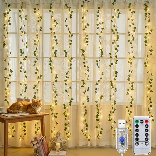 Soagrc Ivy Vines with Fairy Lights 200 LED Vine Lights with Remote and 8 Lighting Modes Ivy Curtain Lights for Bedroom Wall Wedding Party Garden Decor 6.6ft x 6.6ft