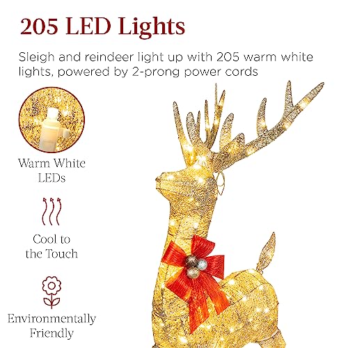 Best Choice Products Lighted Christmas 4ft Reindeer & Sleigh Outdoor Yard Decoration Set w/ 205 LED Lights, Stakes, Zip Ties - Gold