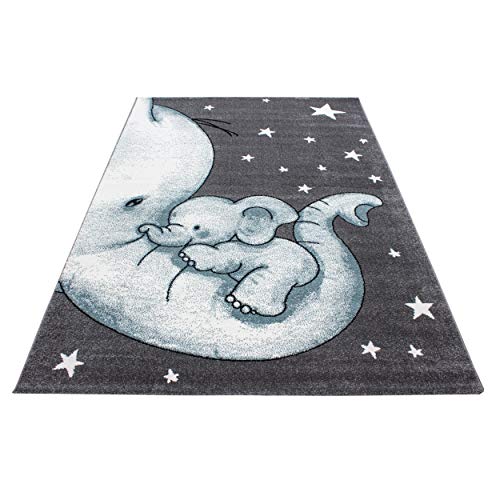 Kindertapijt Korte stapel Olifant Mama Ontwerp Kinderkamer Babykamer Speelkamer 11 mm poolhoogte Zacht Rechthoekig Rond Lopers Blauw, Groote:80x150 cm - Afbeelding 8