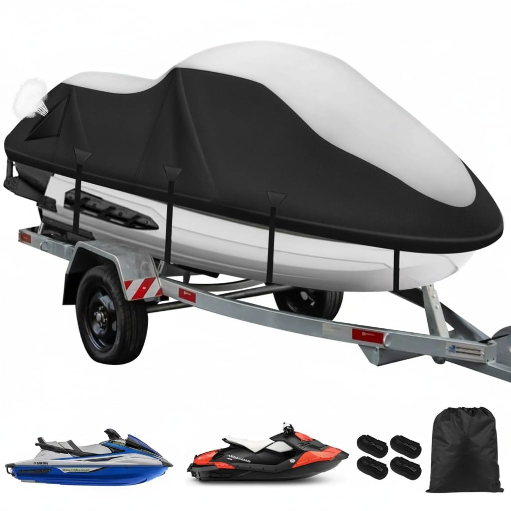 Jet Ski motorboot abdeckplane,900D Schwerlast Jetski Bootsplane,wasserdichte,Belüftungsöffnungen,Upgrade Windschutzschnallen mit dreieckiger Gewebeverstärkung,Motorboote Abdeckung(3XL Silber-Schwarz)