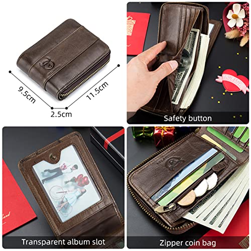 Genuine Leather RFID Blocking Wallet for Men,Cowhide Wallet Vintage Bifold Zipper Wallet Card Organizer Money Pouch 13 Credit Card Slots+2 Cash Pouch+1 ID Window,Black2