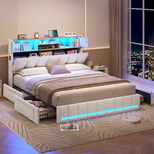 KIMENICH Lit 160 x 200, Lits Double avec LED et Multiprise, Cadre de Lit en Métal avec 4 Tiroirs, Tête de Lits en Bois Capitonnée avec 7 Compartiments, Lits...