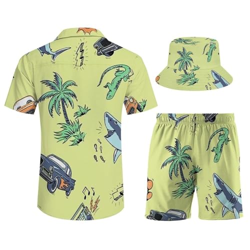 Men's Hawaiian Shirts Shark Short Sleeve Shirts Shorts Set 3 Piece Beach Hawaii Suits with Bucket Hats2