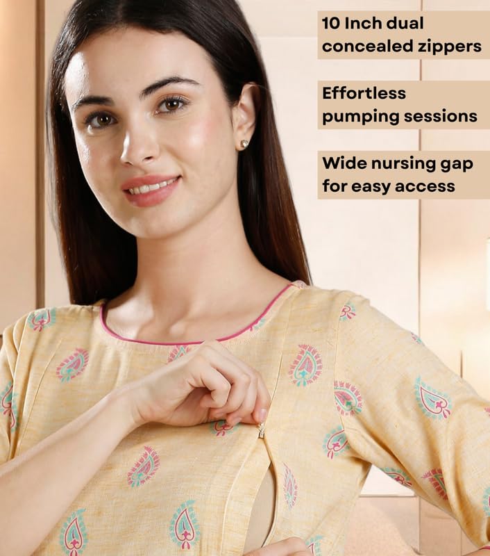 Image of DUMMY SHAPE Maternity Dresses for Women Cotton | Rayon Printed Feeding Anarkali Kurta with Dual Nursing Zipper Access During Pre & Post Pregnancy | Baby Shower Gifts for Mom to Be