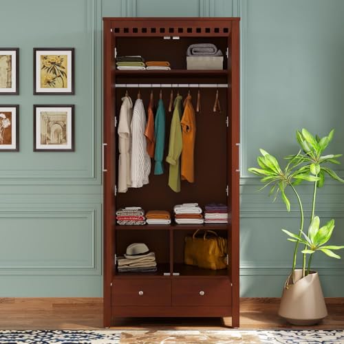 Image of Wakefit Wardrobe | 3 Year Warranty | Solid Wood Almirah, Cupboard for Clothes Storage | 2 Door, 2 Drawers, 1 Hanging Space | Shibori - Golden Brown