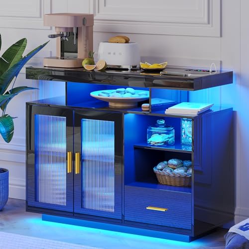 WOOVIVS 39.4' Modern LED Sideboard Buffet with Charging Station, High Glossy Wine Cabinet with...