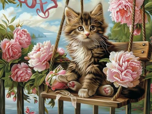 Diamond Painting chat floral anti-stress - Kit de broderie diamant 5D pour retrouver le calme