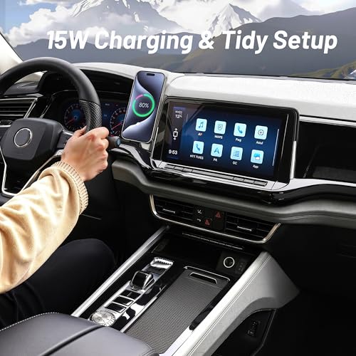 Image of Magnetic Phone Holder for Volkswagen Atlas (2024 2025 2026, 12inch) / VW Altas Cross Sport, 15W Wireless Car Charger for iPhone & Samsung, 360 & Hands Free, with Storage Box, New Car Accessories